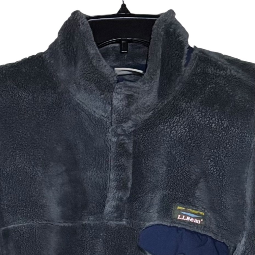 LL Bean Hi-Pile Sherpa Gray and Blue Pullover 1/4 Snap Unisex Med 505087